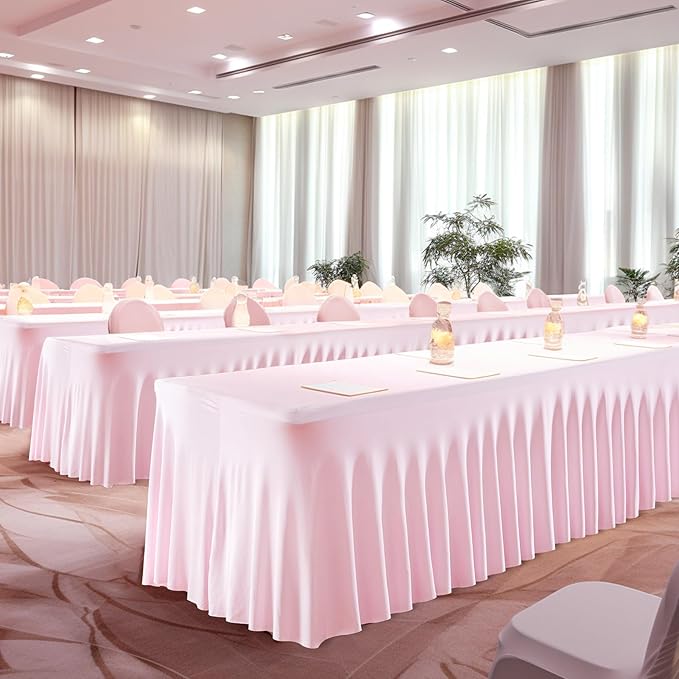 6 Packs Pink Table Clothes for 8 Foot Rectangle Tables, One-Piece Wrinkle Resistant Stretch Spandex Table Covers with Skirt for Event Banquet Wedding Birthday Party
