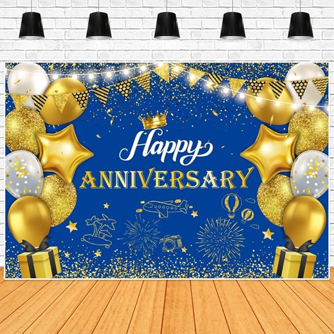 ChloropLastid Happy Anniversary Backdrop Blue Gold Anniversary Decorations for Party Banner 50th 60th Anniversary Birthday Wedding Supplies Photo Booth Props Background 10X6.5FT