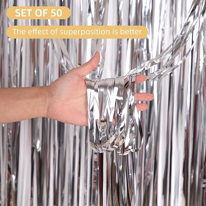Silver Foil Fringe Curtains 50 Pack 3.2ft x 8.2ft Fringe Backdrop Curtains Metallic Tinsel Streamer Photo Backdrop for Birthday Party Decorations Halloween Christmas Party Supply (Silver)