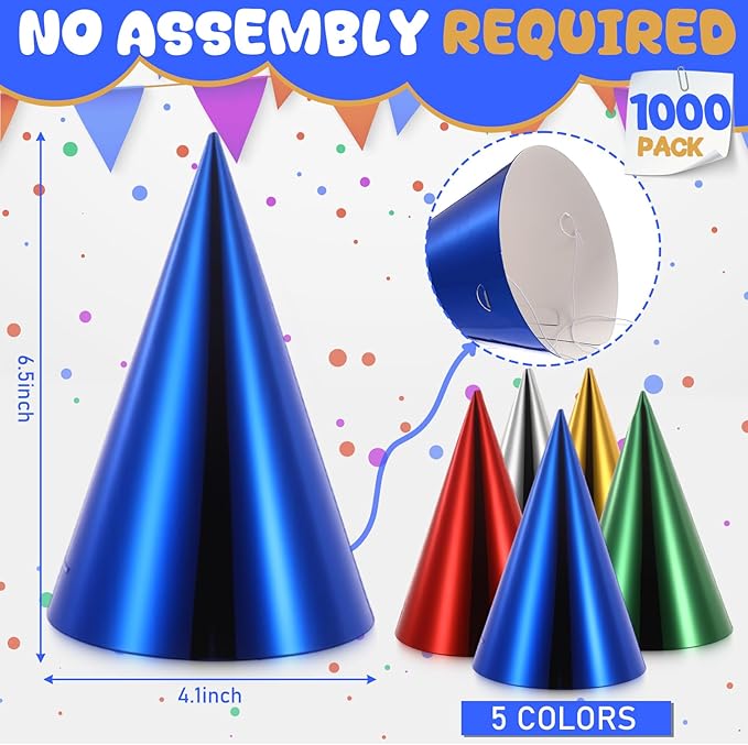 Geosar Birthday Party Hats Bulk Cone Metallic Foil Birthday Party Paper Hats Bulk for Adults