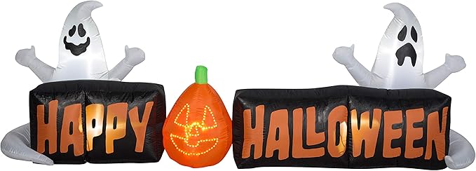 Gemmy Lightshow Airblown Micro Lights Sign Happy Halloween w/Ghosts and JOL Scene (White), 3 ft Tall
