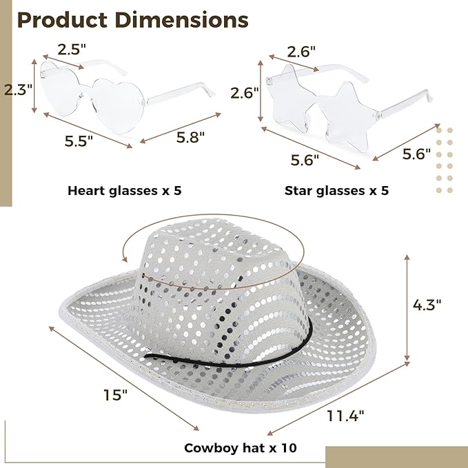 Lnrueg 20 PCS Cowboy Cowgirl LED Flashing Light Hats Glasses, Cowboy Hats and Heart Star Glasses for Western Cowboy Costume Role Play Xmas, Cosplay Sequin Hats