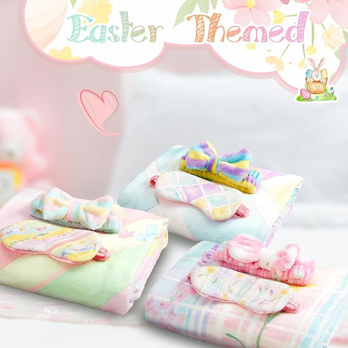 18 Pcs Easter Sleepover Party Supplies for Girls, 6 Style Easter Macarons Bow Blanket 6 Coral Fleece Spa Headband 6 Plush Macarons Eye Mask Cover for Slumber Sleepover Spa Party Gift