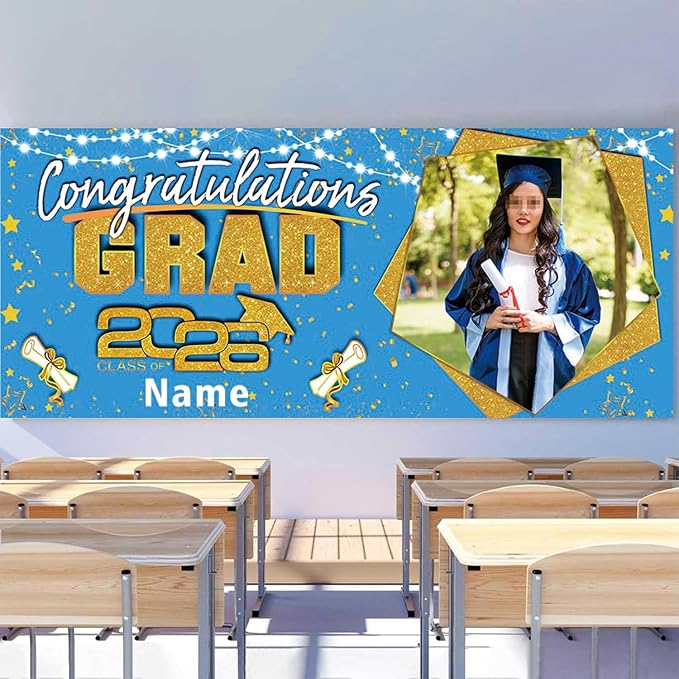 Custom Garaduation Garage Door Banner Cover 16 x 7 ft Class of 2026 Congrats Grad Party Backdrop Personalized Graduation Decoration(Sky Blue and Gold)