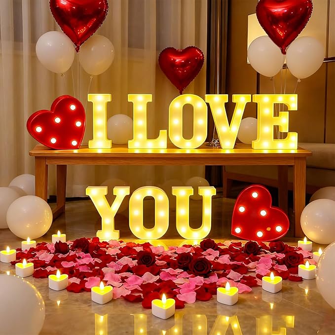 73 PCS I Love You Light Up Letters Set, with 30 Tea Lights Candles, Rose Petals, Round Pearlescent Balloon, Aluminum Balloons, Romantic Valentine's Day Wedding Engagement Birthday Party Decoration
