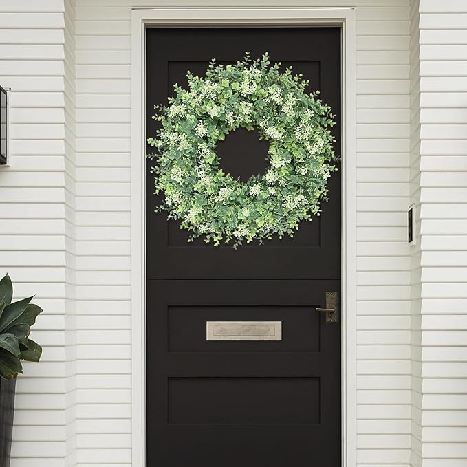 26IN Large Boxwood Wreath for Front Door Green Faux Wreaths Spring Summer Artificial Boxwoods Leaves Door Wreath with White Seeds Greenery Outdoor Indoor Window Porch Wall Home Door Decor All Season