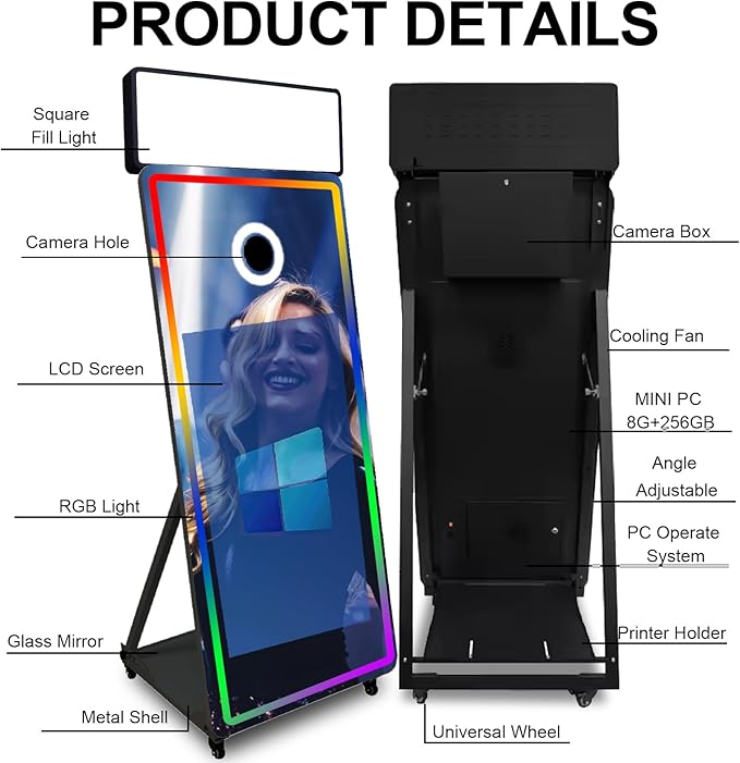 Magic Mirror Photo Booth,Mirror Photo Booth Interactive Touch Screen with Flight Case, Built-in Mini PC with Instant Print and Sharing for Event Party Wedding Rental (Black, 43''Screen+Camera)