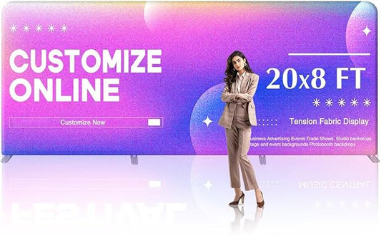 20x8 FT Custom Tension Fabric Backdrop Banner Stand, HD Banner Printing Online Design Tension Fabric Display Stand, Large Portable Trade Show Display Booth for Business, Corporate, Wedding, Mall