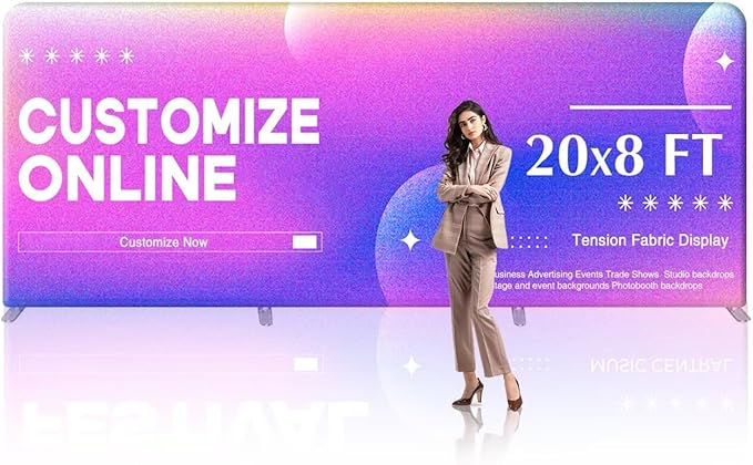 20x8 FT Custom Tension Fabric Backdrop Banner Stand, HD Banner Printing Online Design Tension Fabric Display Stand, Large Portable Trade Show Display Booth for Business, Corporate, Wedding, Mall