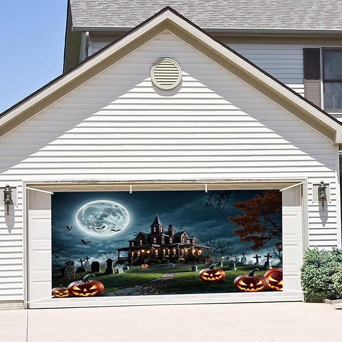 Horror Halloween Garage Door Decorations Backdrop Haunted House Moonlight Bat Terror Tomb Courtyard Wall Background Magical Night Pumpkin Trick or Treat Banner Studio Props 13x6ft