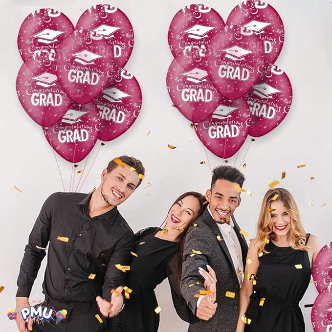 PMU 100 Pcs Crystal Burgundy Graduation Balloons Class of 2025 with All-Over Print White Grad Caps-Confetti and Streamers | Graduation Party Supplies | Congratulations Grad Latex Balloons Latex