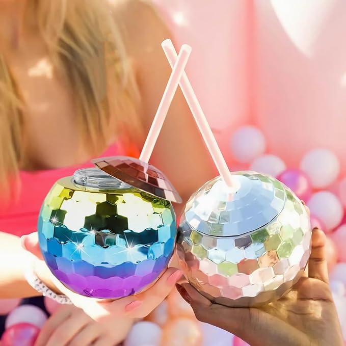 Disco Ball Cups, 20OZ Disco Party Cups with Lid and Reusable Straw Flash Ball Cocktail Cup for Party Nightclub Bar Supplies Wine Drinking Syrup Tea Bottle (25, Rainbow)
