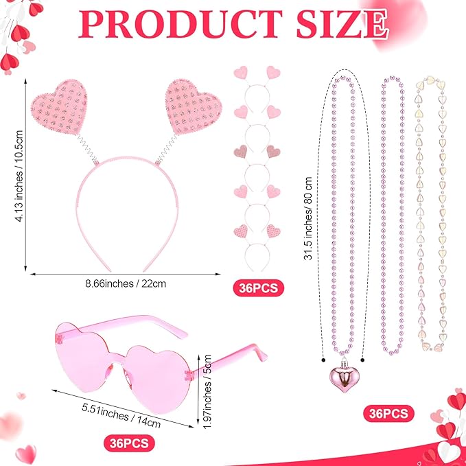 Kanayu 108 Pcs Valentines Day Accessories 36 Valentines Heart Headbands 36 Heart Shaped Sunglasses 36 Bead Necklaces for Valentine Party Favors Supplies Bachelorette Decorations(Pink)