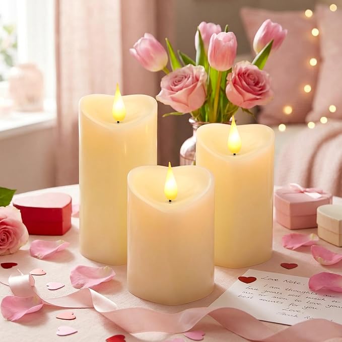 Retisee 3 PCS Valentine's Day Heart Pillar Candle - 4" 5" 6" LED Battery Operated Flameless Candle with Remote for Valentine Women Romantic Home Weeding Decoration Gift(Ivory)