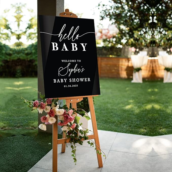 Andaz Press 16"x20" Black Acrylic Personalized Baby Shower Welcome Sign, Gender Neutral Large Custom Sign for Easel Stand, Classic Modern Baby Shower Decorations