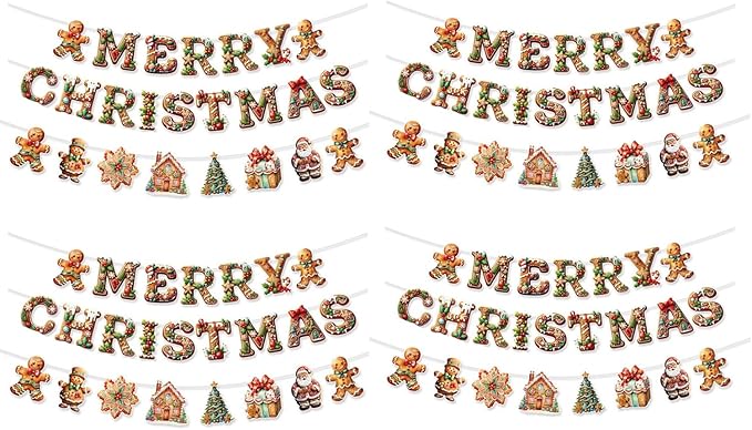 YUNZLAN 12 Pcs Gingerbread Christmas Banner, Merry Christmas Banner Hanging Decor for Home, Door, Garden for Xmas and Winter Holiday Party Decorations Favors Supplies (12)
