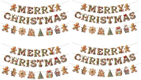 YUNZLAN 12 Pcs Gingerbread Christmas Banner, Merry Christmas Banner Hanging Decor for Home, Door, Garden for Xmas and Winter Holiday Party Decorations Favors Supplies (12)