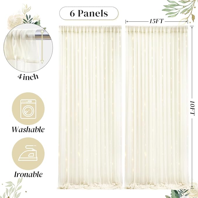 30ft x 10ft Ivory Backdrop Curtain with Lights String for Parties, Sheer Tulle Wedding Photo Backdrops Drapes for Baby Shower Birthday Party Decorations Background for Photography