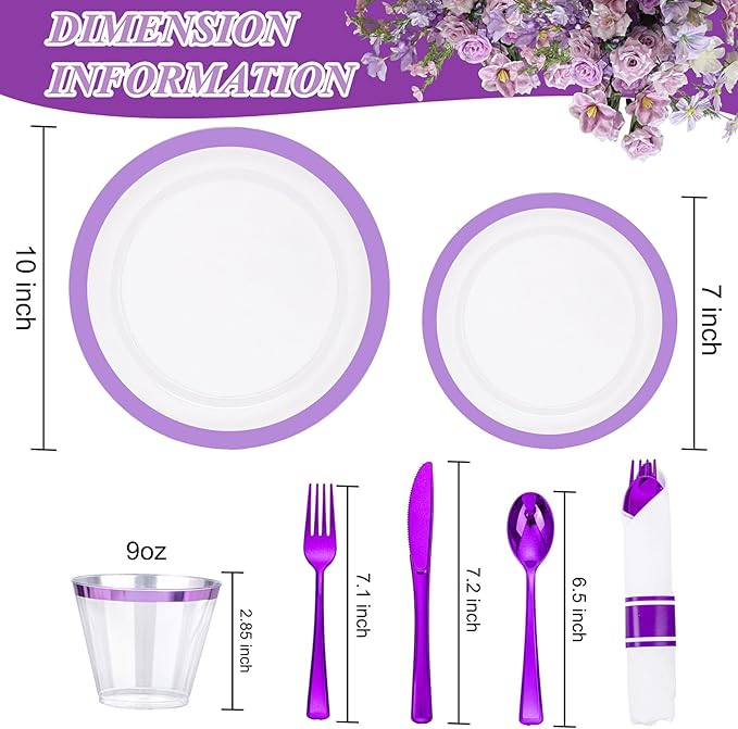 I00000 210 Pcs Clear Purple Plates for 30 Guests, Purple Dinnerware Include 60 Plates, 30 Cups, 30 Pre Rolled Napkins with Cutlery Set for Party and Wedding