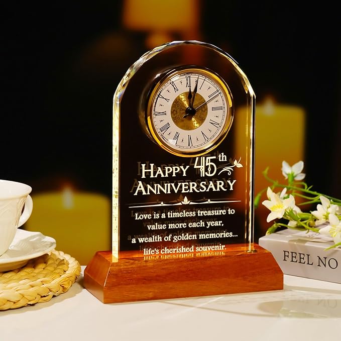 YWHL 45th Wedding Anniversary Clock Gifts for Parents Granddaughters, 45 Years for Couples, Glass Clock Presents with Wooden Light Base for Home Decoration (Battery not Included)