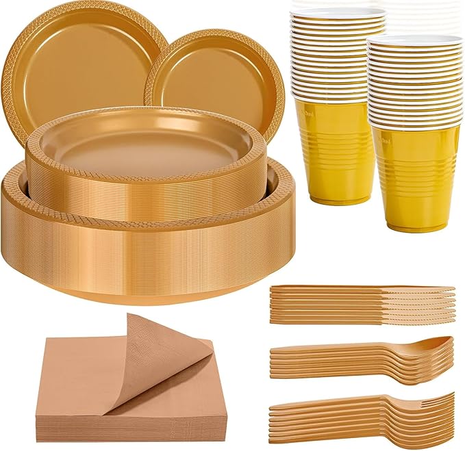 MirthMood 350PCS Gold Plastic Plates,Gold Disposable Plates –Plastic Plates Set Includes 50 Dinner,50 Dessert Plate,50 Cup&50 Napkins, 50 gold Silverware for Wedding& Parties& Birthday
