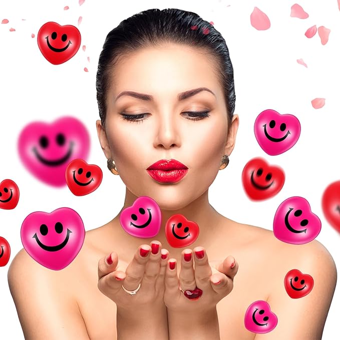 Zubebe 48 Pcs 2.76'' Valentine's Day Heart Stress Balls Heart Shaped Smile Face Ball Stress Relief Balls Valentines Day Gifts for Staff Kids Adults Party Favors School Reward(Red, Pink)