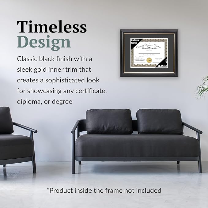 Creative Picture Frames 11.75" x 16" Rockefeller Black w/Gold Rim Diploma Frame, Displays 11.75" x 16" Certificate or 16" x 20" Document w/o Mat, College Degree Frame, Full-Strength Glass, Black Mat