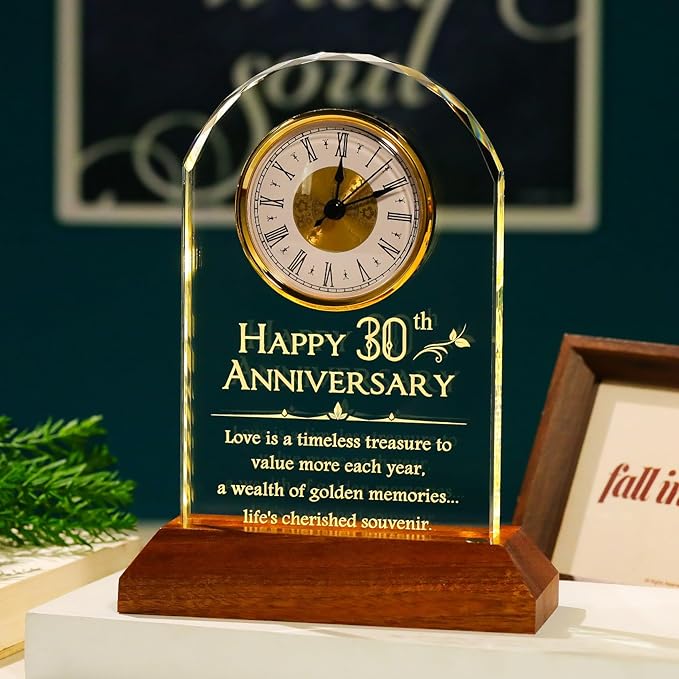 YWHL 30th Wedding Anniversary Clock Gifts for Couple, 30 Years Anniversary Glass Gift for Wife Husband, Table Clock Glass Presents with Wooden Light Base for HomeDecoration (Battery not Included)