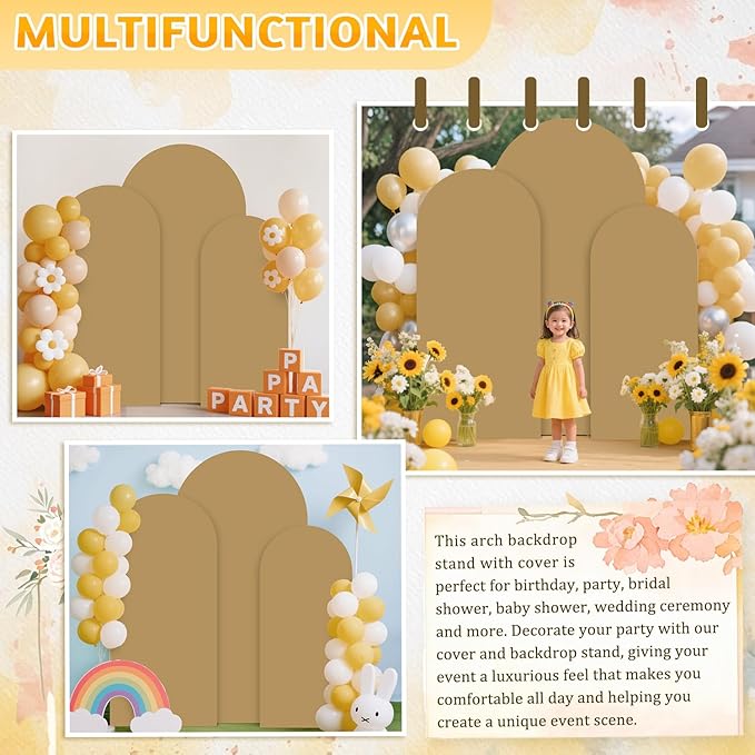 Metal Arch Backdrop Stand and Cover Set 6&6.6&7.2ft Gold Wedding Arch Frame Set of 3 Khaki Arched Cover Arches Backdrop Stand for Parties Birthday Baby Shower Reception