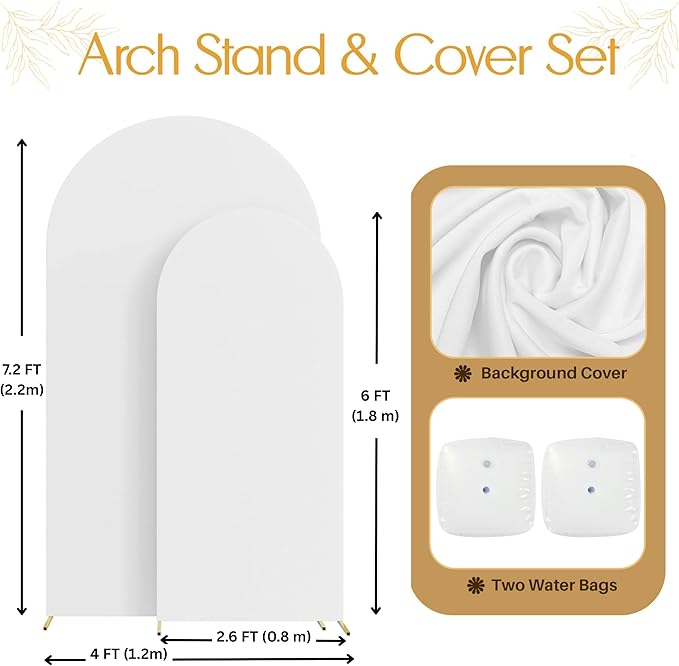 2PK (7.2 & 6 FT Wedding Arch Backdrop Stand and Cover Set | Metal Backdrop Arch, Balloon Stand, Water Bags | Party, Bridal Show, Birthday, Baby Shower Decorations (White Cover, 2 Pack)