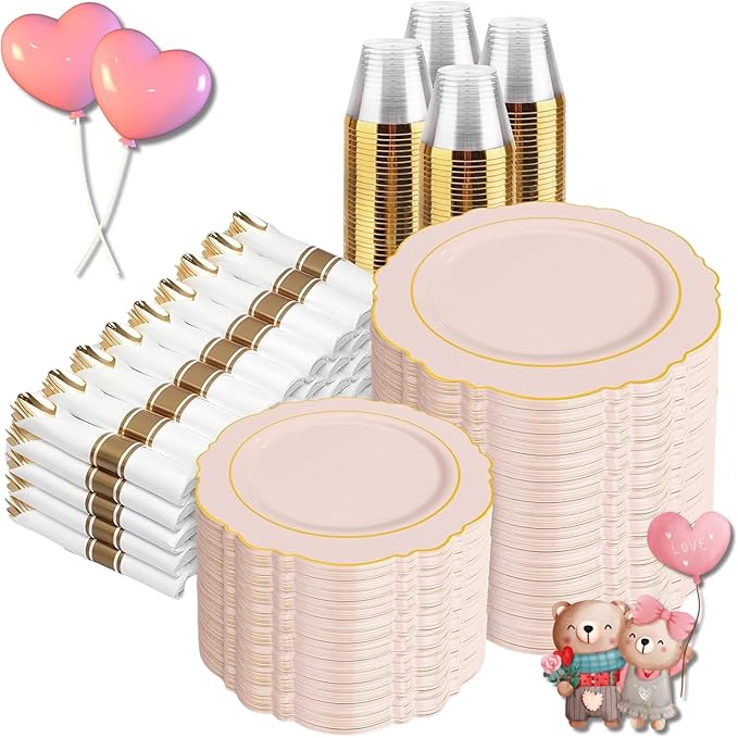 Liacere 700PCS Pink Plastic Plates-Dinnerware Sets for 100 Guests-200 Disposable Plates(10inch,7inch),300 Pink Plastic Silverware,100 Cups,100 Napkins for Wedding&Valentine's Day&Galentines Day