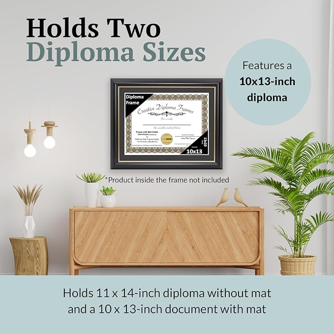 Creative Picture Frames 10" x 13" Rockefeller Black with Gold Rim Diploma Frame, Displays 10" x 13" Certificate or 11" x 14" Document without Mat, College Degree Frame, Full-Strength Glass, Black Mat