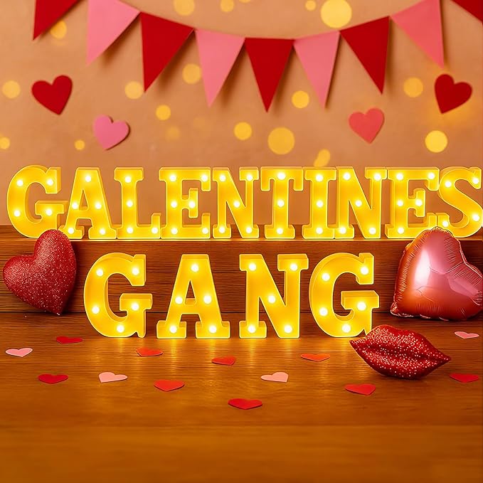 Honoson 14 Pcs Galentines Day Party Decorations Galentines Gang Lights up Sign Girls Ladies Galentine's Day Party Decorations Fireplace Table Decor