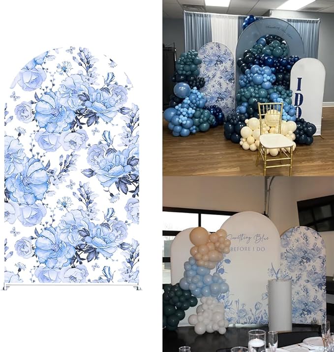 Something Blue Before I Do Arch Backdrop Cover Wedding Bridal Shower Bride to be Toile Party Arch Fabric Cover Blue Bloom Floral Baby Shower Decors (4X7.2ft,3853)