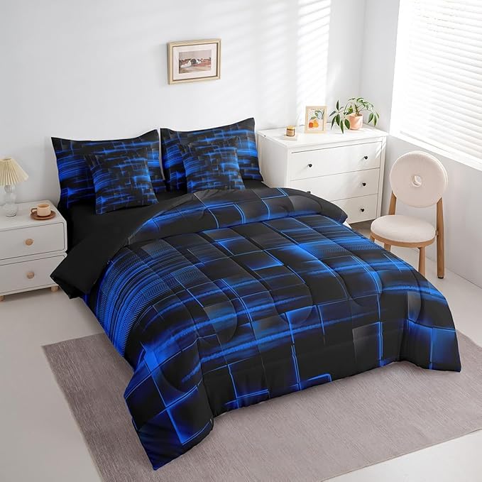 Feelyou Blue Black Bedding Set Full Size Boys Girls Geometric Strip Lines Comforter Set with Sheets 7 Piece for Bed in a Bag Abstract Modern Bed Set with Comforter,Sheets,Pillowcases