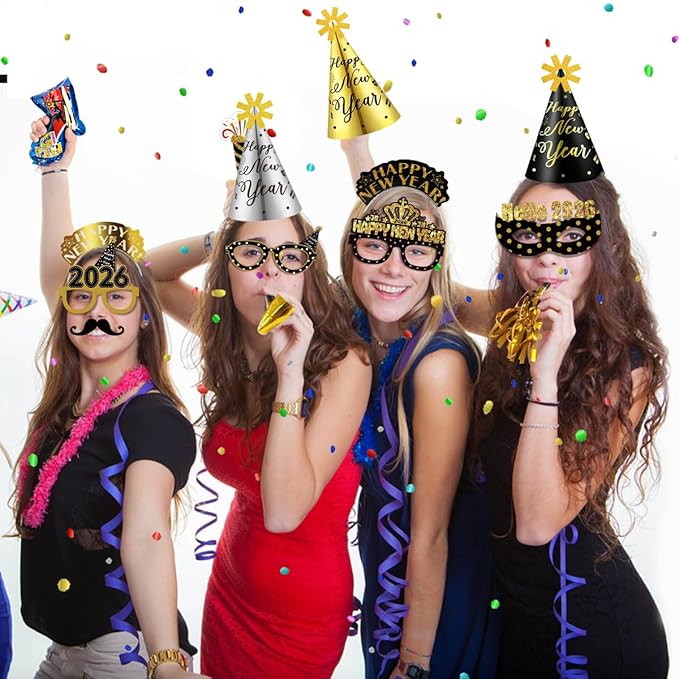 MOVINPE 2026 New Years Eve Party Supplies Bulk Set Serve 36, Cone Hats, Tiaras, Photo Booth Glasses Props, Squawkers, Blowouts, New Year's Party Favors Event Supplies for Kids Adults