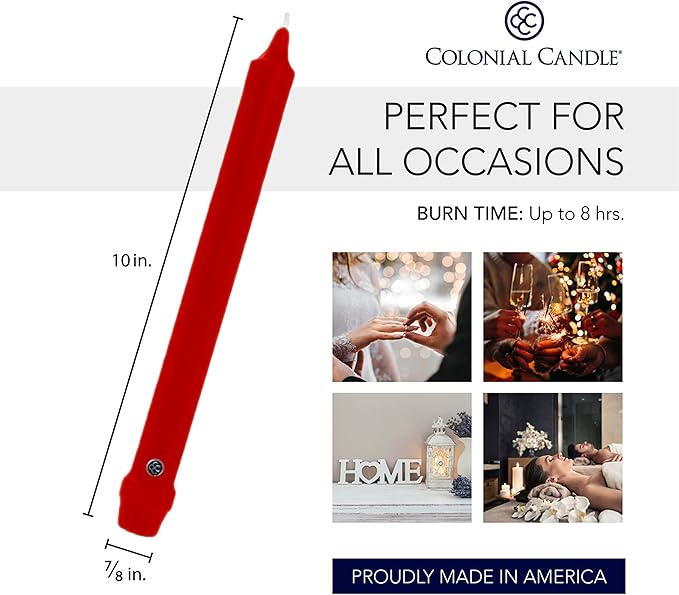 Colonial Candle Unscented Taper Candle, Classic Collection, Red, 10 in, Pack of 12 - Up to 8 Hours Burn