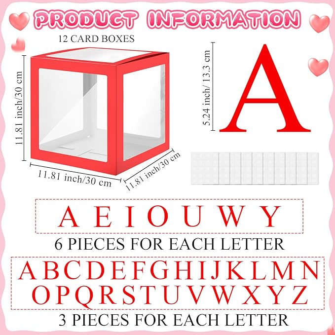 Thyle 12 Pcs Transparent Balloon Boxes Clear Balloon Boxes with 99 Letters for Baby Shower Gender Reveal Grad Birthday Party Bridal Wedding Anniversary Backdrop Decoration (Red)