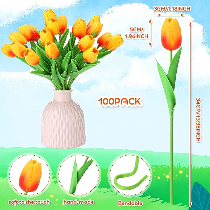 Jexine 100 Pcs Artificial Real Touch Tulips Fake Artificial Tulip Flower Bulk Bouquet with Stem for Table Centerpieces Wedding Bridal Easter Mother's Day Garden Home Decor, 13.4''(Sunset Red)