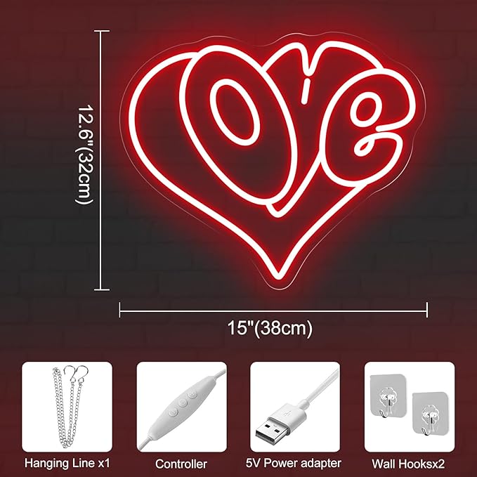 Love Heart Neon Sign, Red Romantic LED Wall Light for Bedroom, Valentine's Day Gift, Lover Valentine Decor, Romantic Home Decor, Couple Space Wall Art 15″ × 12.6″