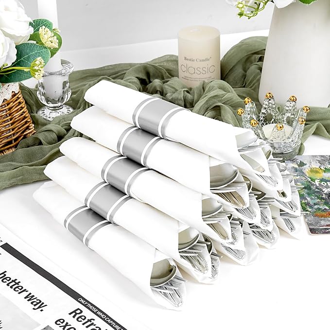 100Pack Wrapped Silver Plastic Silverware Sets - Heavy Duty Plastic Silverware Include Pre Rolled Disposable Utensils with Napkins for Parties & Dinners & Weddings