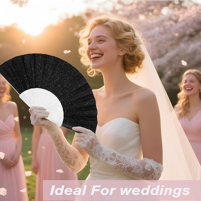 48 Pack Handheld Fan,Folding Hand Glitter fan with Shining Transparent Fan Rib – Ideal for Wedding, Church, Festival, Dance, Tea Party, Club, and EDM Accessories, Black