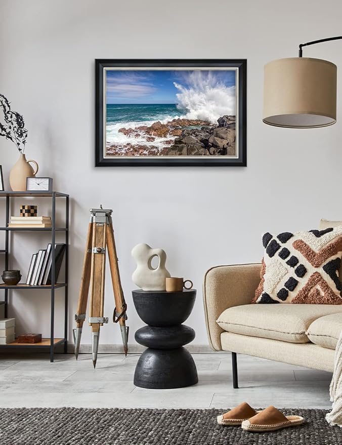 IPIC - Waves Crashing at Queen's Bath Personalized Framed Wall Art with Names and Date on, Giclee Prints Framed with Solid Wood, Custom Memorial Gifts for Anniversary.Total Size: 27.25"x19.25"