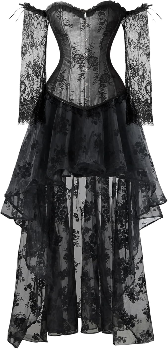 Kimring Women's Steampunk Victorian Off Shoulder Corset Top with High Low Skirt