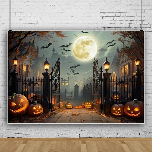 Leowefowa 15x8ft Halloween Backdrop Scary Full Moon Night Pumpkin Lantern Background Horror Bat Dead Tree Fall Leave Halloween Eve Party Banner Decor Photography Supplies Prop