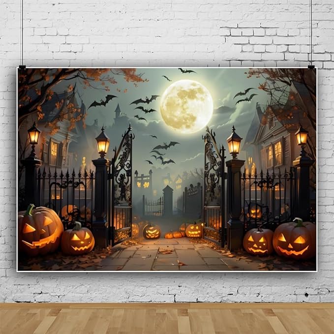 Leowefowa 10x6.5ft Halloween Backdrop Scary Full Moon Night Pumpkin Lantern Background Horror Bat Dead Tree Fall Leave Halloween Eve Party Banner Decor Photography Supplies Prop