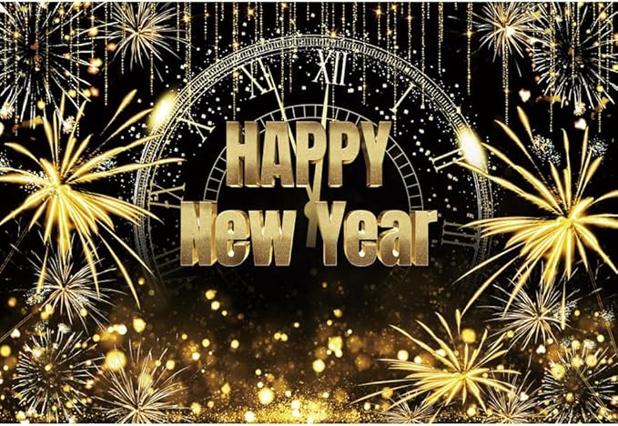 New Year Backdrop 12x8ft Happy 2026 Backdrop Black and Gold Firework Shining Gold Background 2026 New Year Eve Photo Backdrops for Photography NYE Party Photo Studio Props