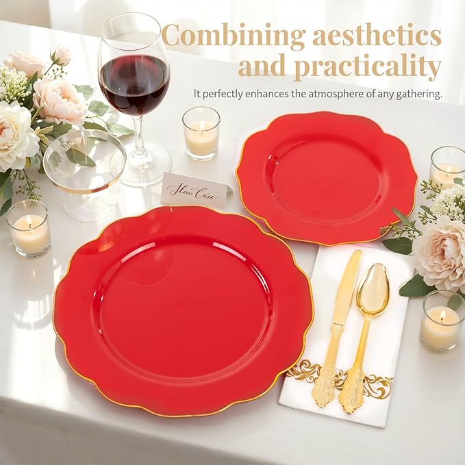 NOCCUR 175PCS Red Plastic Plates with Gold Disposable Silverware - Include 50 Red Gold Plastic Plates,25 Knives,25 Forks,25 Spoons,25 Cups and 25 Napkins - Ideal for Party/Valentines & Galentines Day