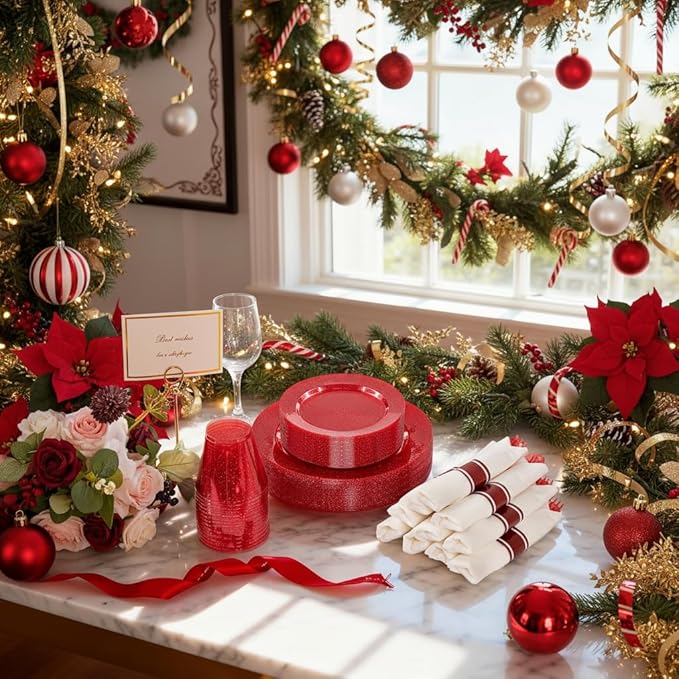 DaYammi 350 Pieces Red Glitter Dinnerware Set 50 Guest for Party- 50 Dinner Plates, 50 Dessert Plates -50 Per Rolled Napkins with Red Cutlery - 50 Disposable Cups 9 OZ