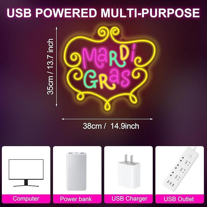 Mardi Gras Neon Sign, Dimmable Led Neon Light for Mardi Gras Decorations Wall Decor, New Orleans Party Home Bedroom Yard Festival Décor